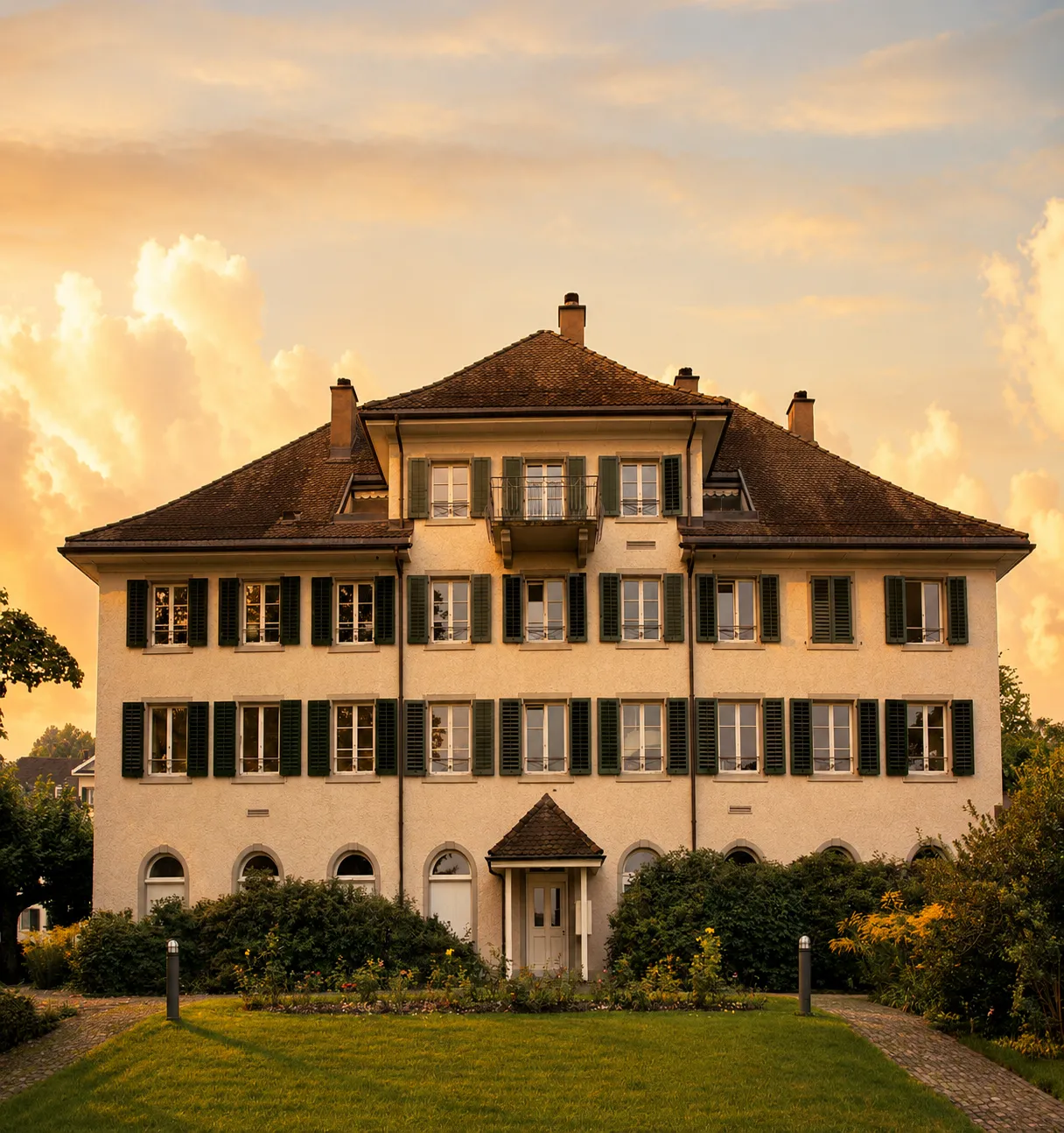 The Lakeside Mansion — south façade at sunset
