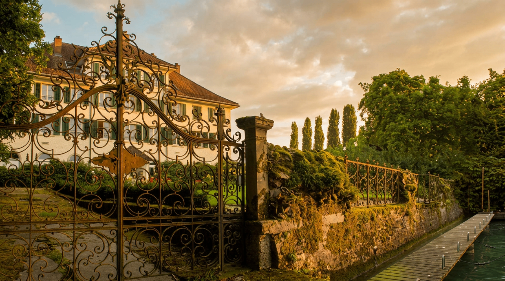 Ornate wrought-iron gate at the estate entrance