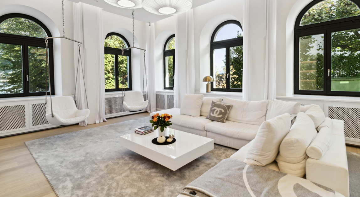 Elegant sitting room with lake views